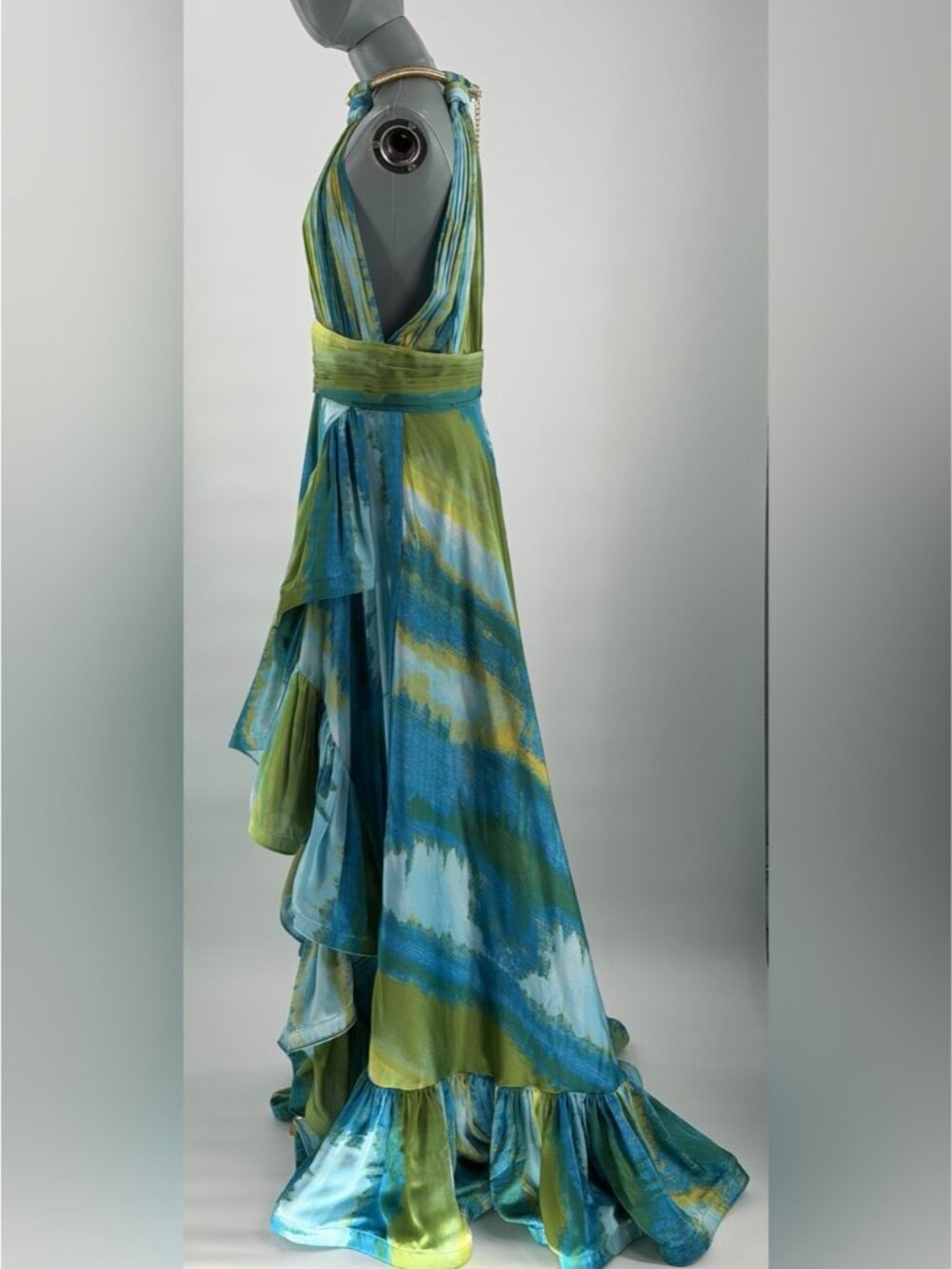 🆕 BRONX & BANCO 🧿 NWOT Palma Coastal Ruffle Hi-Low Gown, Blue Green, Sz L US 8 - Picture 6 of 16